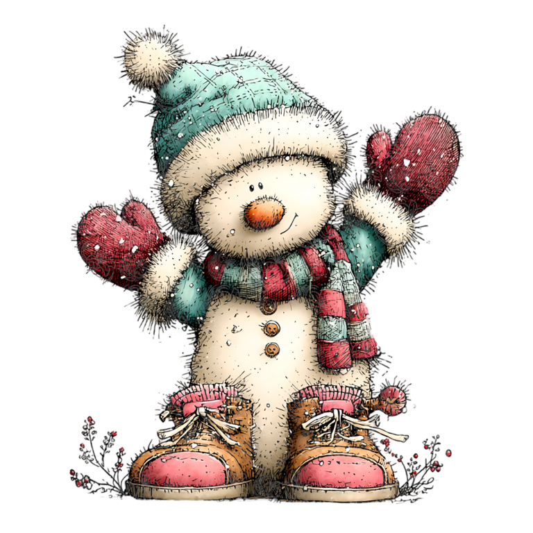 Whimsical snowman wearing teal knit hat red mittens striped scarf and brown boots Grey Barn Handwerk, Saskatchewan.